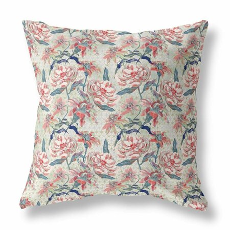 PALACEDESIGNS 20 in. Pale Green Roses Indoor & Outdoor Throw Pillow Red & Light Green PA3106946